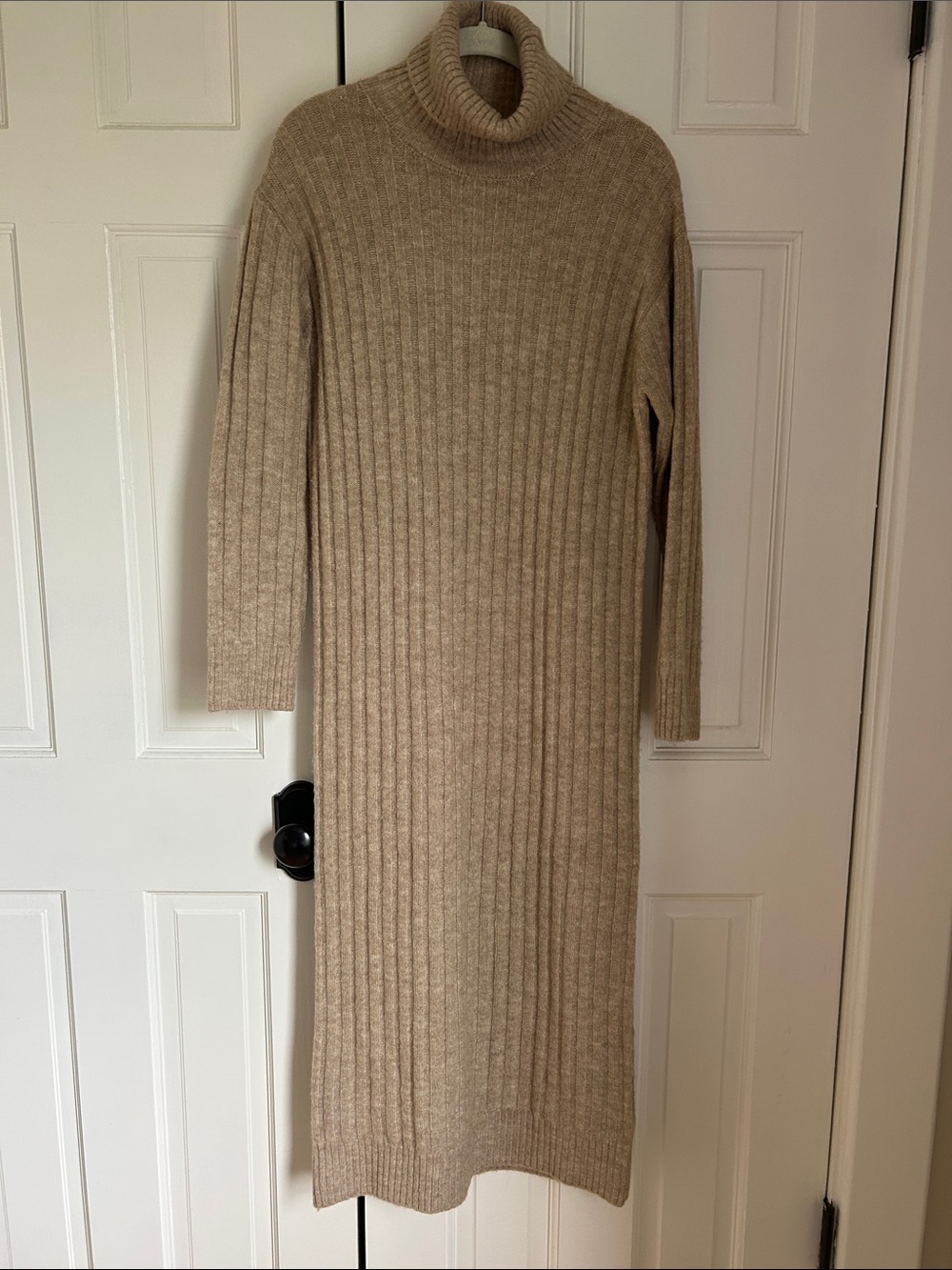 Mango Ribbed Cowl-Neck Sweater Dress in Beige XXS